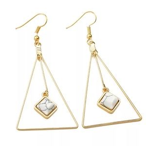 White Gold Triangle Dangle Earrings Marble Stone